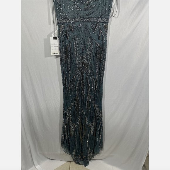 NWT $598 Mac Duggal [ 12 ] Intricate Beaded V-Neck High Slit Gown Charcoal #Q565 - Picture 14 of 16